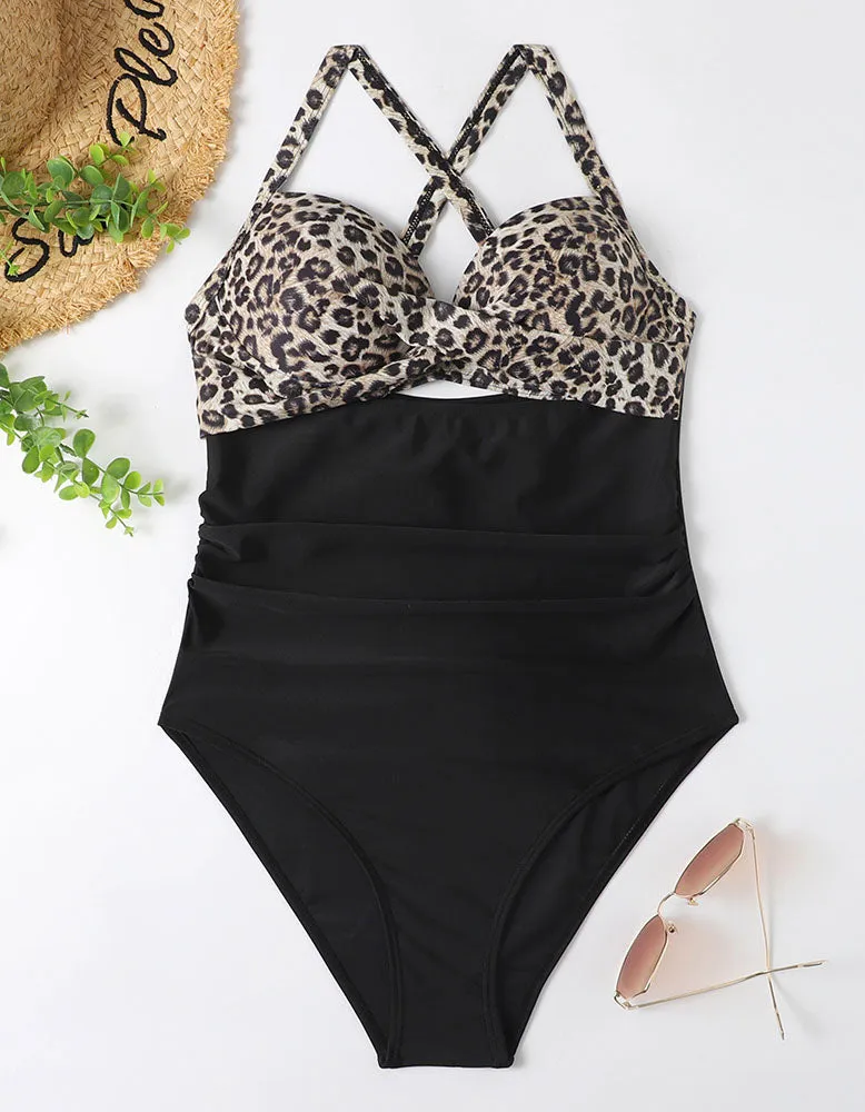 Leopard Plants Printed Solid-color One-piece Bikini  Swimwear