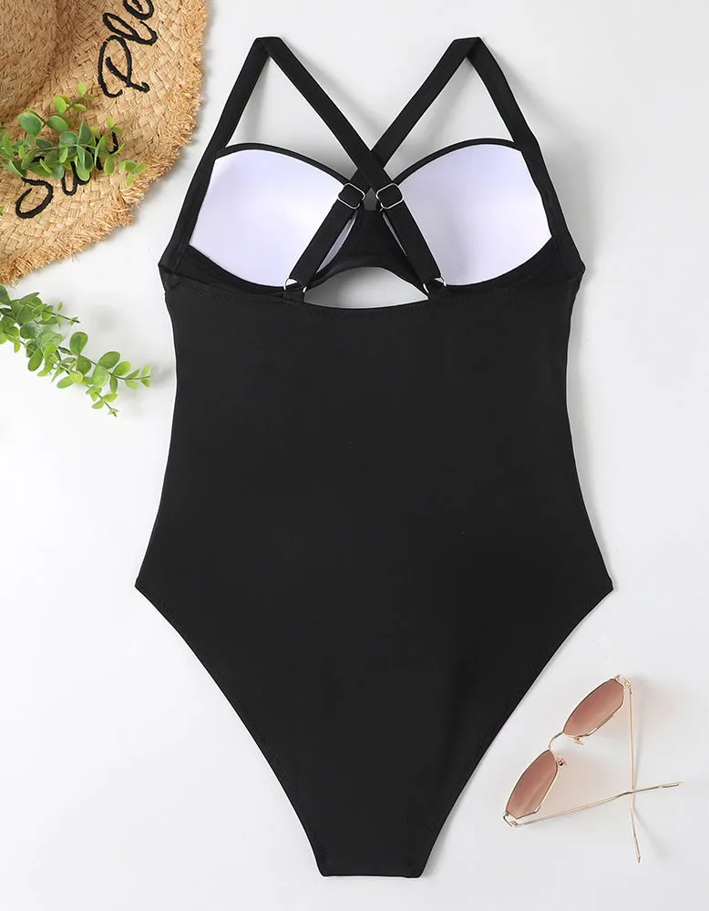 Leopard Plants Printed Solid-color One-piece Bikini  Swimwear