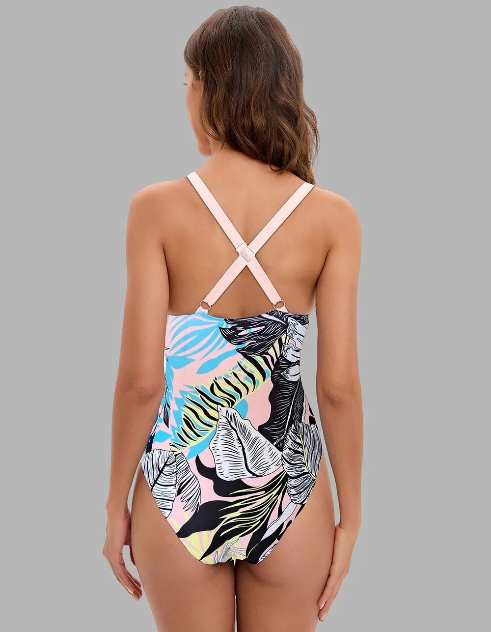 Leopard Plants Printed Solid-color One-piece Bikini  Swimwear