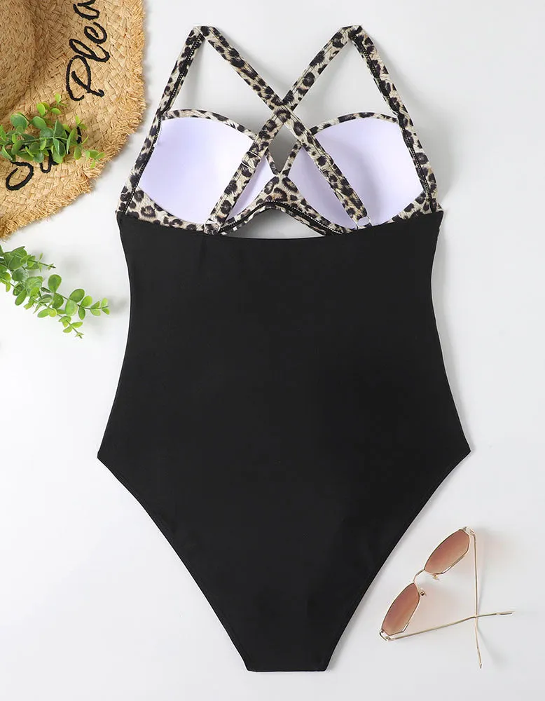 Leopard Plants Printed Solid-color One-piece Bikini  Swimwear