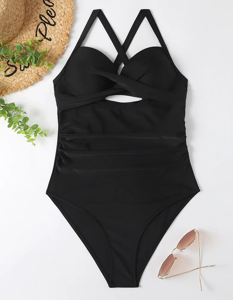 Leopard Plants Printed Solid-color One-piece Bikini  Swimwear