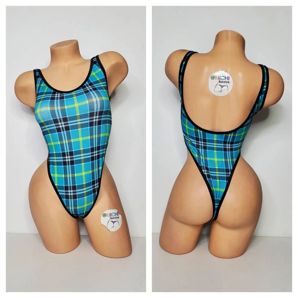 Teal Plaid Pattern with Black Trim 1 Piece Bodysuit Size SMALL